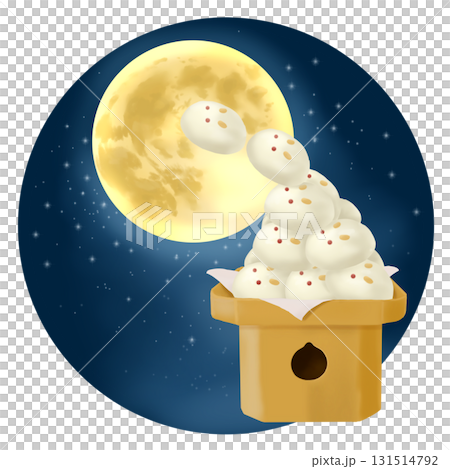 Moon viewing illustration of a full moon and offerings of rabbit dumplings Moon viewing illustration of a full moon and offerings of rabbit dumplings 131514792