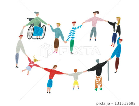 手描きイラスト　ハートの輪になって手をつなぐ車椅子女性と杖を持った男性と人々	 131515698