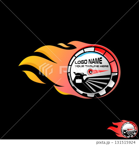 Logo design graphic concept creative premium vector stock image top sell eagle hawk, gear, and speedometer fire fast sport to vehicle tuning transport 131515924