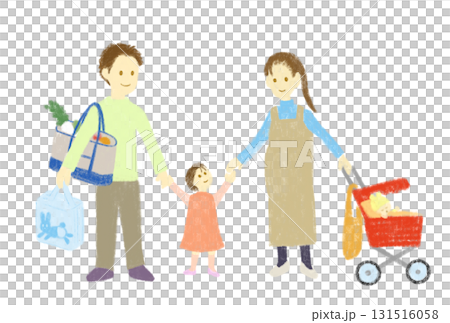 買い物帰りの幸せそうな若い家族 買い物帰りの幸せそうな若い家族 131516058