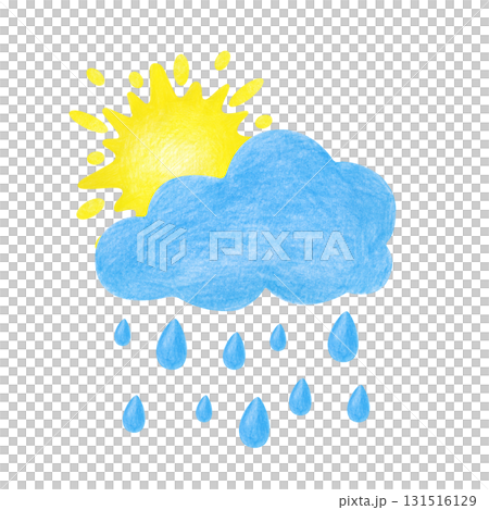 A bright yellow sun peeks out from behind a rainy cloud. The drawing with colored pencils is isolated on a white background. A child's drawing. Weather. 131516129