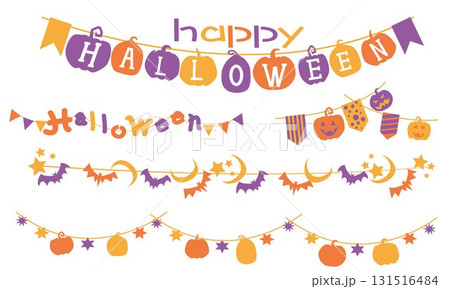 ハロウィンのかぼちゃとかぼちゃのベクターイラスト、ハロウィンガーランドとシールセット 131516484
