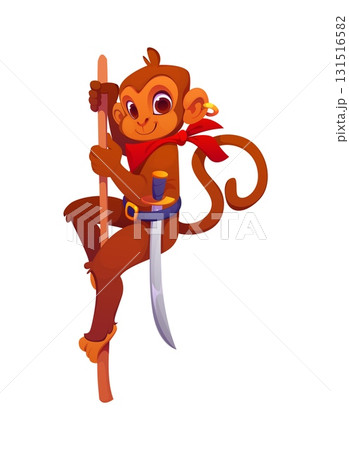 Cartoon monkey pirate animal climbing wooden stick Cartoon monkey pirate animal climbing wooden stick 131516582