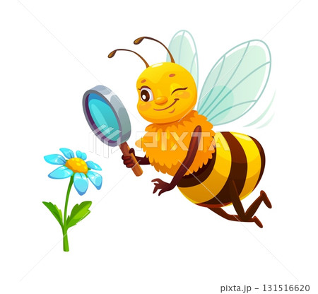 Cartoon cheerful honey bee flying near blue flower Cartoon cheerful honey bee flying near blue flower 131516620