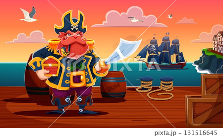Pirate captain on pier holding treasure chest 131516645