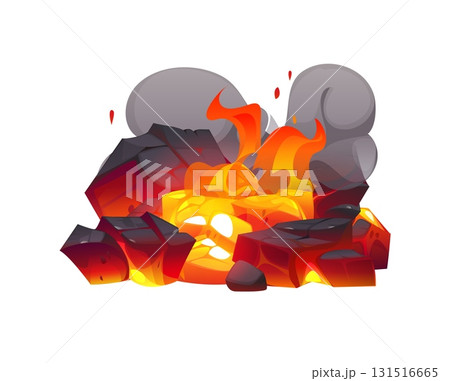 Cartoon fireplace charcoal, fire flames burn coal 131516665