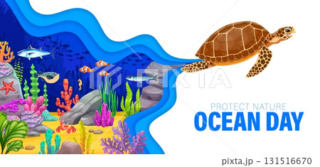 Save ocean paper cut poster with underwater turtle Save ocean paper cut poster with underwater turtle 131516670