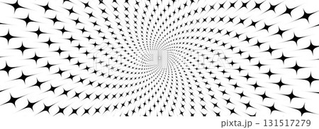 Spinning stars optical illusion background. Black and white hypnotic sparkles surface. Abstract trippy illusion wallpaper for banner, template design. Rotating in spiral sparks poster design. Vector 131517279