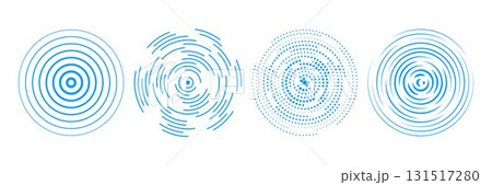 Blue radial concentric circle set. Halftone, dashed and dotted rings for epicenter, target, radar, earthquake, tsunami symbol. Sound wave signal collection. Vector ripple expansive vibration elements 131517280