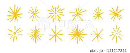 Yellow crayon hand drawn stars and sparkles set. Golden rough brush stroke shine element pack for collage, poster, sticker, label. Gold doodle sparks collection. Sketched pencil asterisks. Vector 131517281