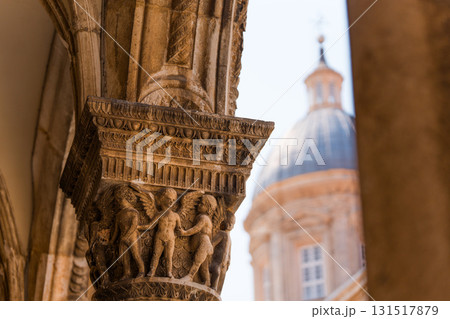 Dubrovnik, Croatia, August 15, 2024. Dubrovnik building exterior with ornate stone carving and dome 131517879