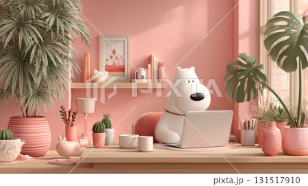 Remote working. Cozy 3D illustration of dog at desk with laptop surrounded by plants and pink decor 131517910
