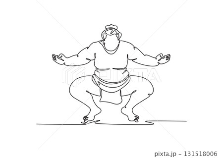 Single one line drawing muscular Sumo wrestler in traditional, deep ceremonial squat (Shiko), with arms outstretched, powerful grounded stance. Continuous line draw design graphic vector illustration Single one line drawing muscular Sumo wrestler in traditional, deep ceremonial squat (Shiko), with arms outstretched, powerful grounded stance. Continuous line draw design graphic vector illustration 131518006