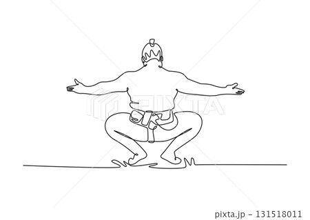 Continuous one line drawing Sumo wrestler from rear in low, ritualistic shikiri squat, with arms extended wide, showcasing sheer mass and posture. Single line draw design vector graphic illustration 131518011