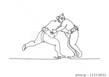 Continuous one line drawing two massive Sumo wrestlers locked in a low, deep grapple, fiercely pushing against each other for leverage in the ring. Single line draw design vector graphic illustration 131518012