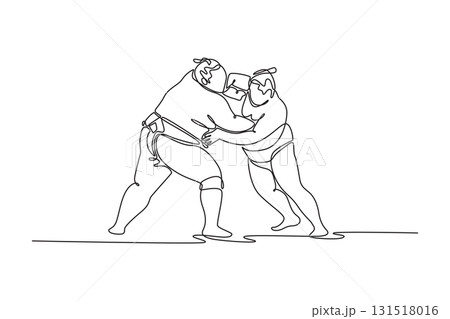 Continuous one line drawing two large Sumo wrestlers locked in fierce, pushing match, one delivering forceful open-hand strike to opponent's face. Single line draw design vector graphic illustration 131518016