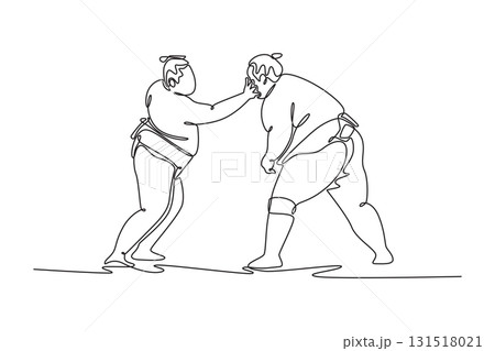 Single continuous line drawing two large Sumo wrestlers in close-quarters struggle, with one delivering open-handed strike to the other's face. Dynamic one line draw graphic design vector illustration 131518021