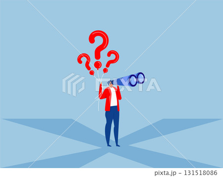 Businessman holding telescope with question marks balloon look for solutions.Search answer, question mark balloon finding solution or search for answer, solving problem or curiosity,vector Businessman holding telescope with question marks balloon look for solutions.Search answer, question mark balloon finding solution or search for answer, solving problem or curiosity,vector 131518086