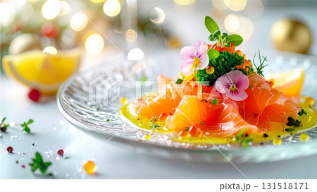 クリスマス エディブルフラワーを飾ったサーモンのカルパッチョ クリスマス エディブルフラワーを飾ったサーモンのカルパッチョ 131518171
