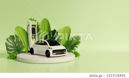 Sustainability with electric car at green charging station. 3D render illustration Sustainability with electric car at green charging station. 3D render illustration 131518491
