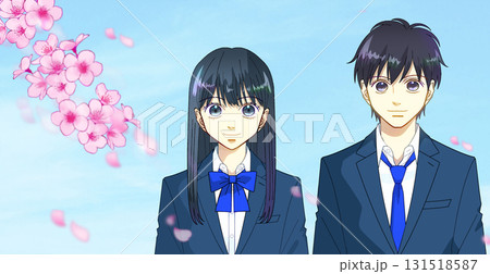 桜と青空、笑顔の高校生または中学生の男女のアニメ風イラスト、左に余白 桜と青空、笑顔の高校生または中学生の男女のアニメ風イラスト、左に余白 131518587