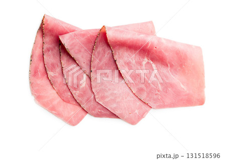 Sliced beef pastrami isolated on white background. 131518596