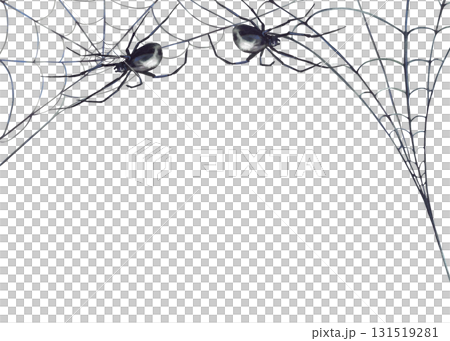 Watercolor Spiders on cobweb rectangular frame. Hand painted realistic shades of black and grey net Scary banner template. illustration isolated from background. Perfect for Halloween, biology card. 131519281