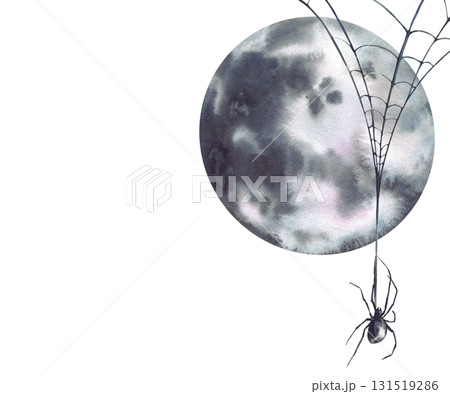 A spider hangs on the web agains full moon light, creating a mysterious and eerie atmosphere. Watercolor illustration for halloween scary card, mystical, frightening isolated from background clipart A spider hangs on the web agains full moon light, creating a mysterious and eerie atmosphere. Watercolor illustration for halloween scary card, mystical, frightening isolated from background clipart 131519286