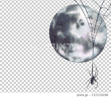 A spider hangs on the web agains full moon light, creating a mysterious and eerie atmosphere. Watercolor illustration for halloween scary card, mystical, frightening isolated from background clipart 131519286