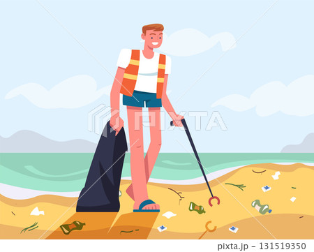 Man Character Collecting Garbage on Beach Vector Illustration Man Character Collecting Garbage on Beach Vector Illustration 131519350
