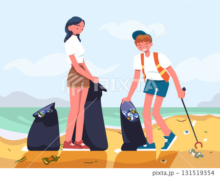 Man and Woman Character Collecting Garbage on Beach Vector Illustration 131519354