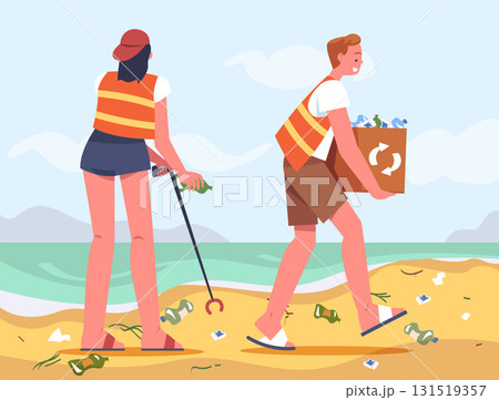 Man and Woman Character Collecting Garbage on Beach Vector Illustration Man and Woman Character Collecting Garbage on Beach Vector Illustration 131519357