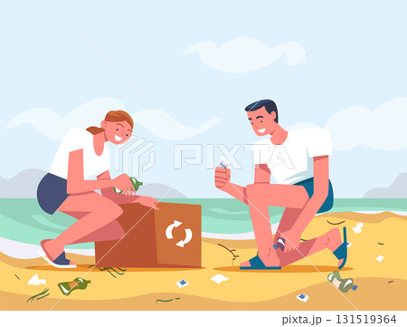 Man and Woman Character Collecting Garbage on Beach Vector Illustration Man and Woman Character Collecting Garbage on Beach Vector Illustration 131519364