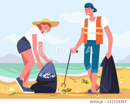 Man and Woman Character Collecting Garbage on Beach Vector Illustration 131519367