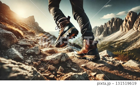 登山道のハイカーのブーツのダイナミックなクローズアップ 登山道のハイカーのブーツのダイナミックなクローズアップ 131519619