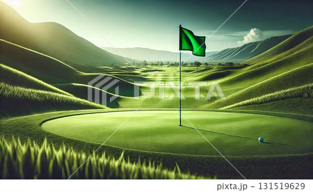 青空の下、緑の旗がはためく見事なゴルフコース 青空の下、緑の旗がはためく見事なゴルフコース 131519629