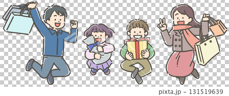 一家四口在購物時微笑 一家四口在購物時微笑 131519639