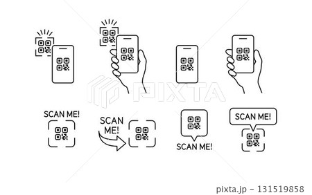 QRコードをスマホでスキャンするアイコン。「scan me」のアイコン QRコードをスマホでスキャンするアイコン。「scan me」のアイコン 131519858