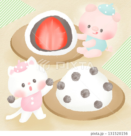 いちご大福 豆大福_ねこ ぶた かわいいイラスト 131520156