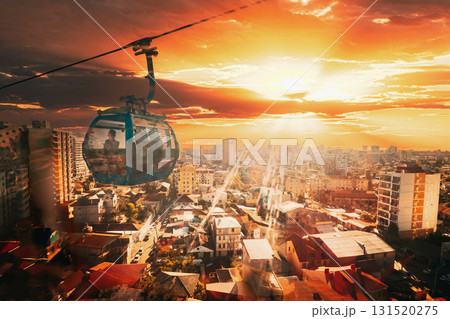 Batumi, Adjara, Georgia. Sun Shining Through Window In Aerial Lift Cableway In Sunny Summer Day. Pendant Road Batumi, Adjara, Georgia. Sun Shining Through Window In Aerial Lift Cableway In Sunny Summer Day. Pendant Road 131520275