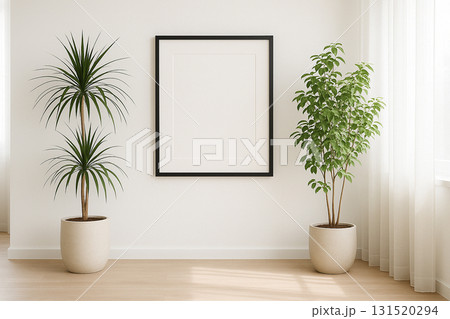 Blank frame with wooden stand and green plant beside emphasizing interior decoration. Blank frame with wooden stand and green plant beside emphasizing interior decoration. 131520294