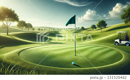 息をのむようなゴルフコース、緑の旗と青空が広がる 息をのむようなゴルフコース、緑の旗と青空が広がる 131520482