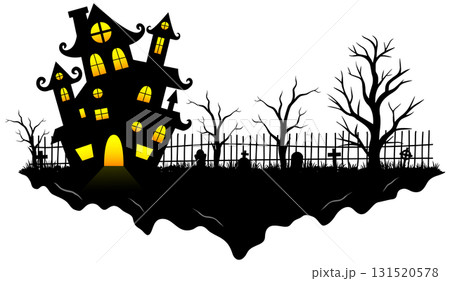 Halloween background with floating island, castle and graveyard Halloween background with floating island, castle and graveyard 131520578