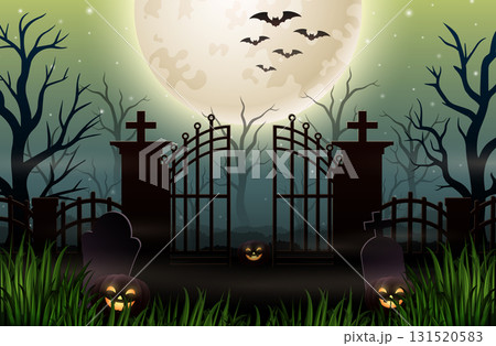 Halloween night background with graveyard, gate, and full moon Halloween night background with graveyard, gate, and full moon 131520583