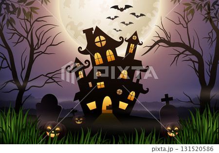 Halloween background with haunted house, pumpkins, cemetery and full moon Halloween background with haunted house, pumpkins, cemetery and full moon 131520586