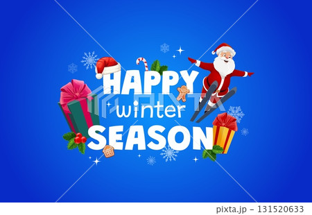 Happy winter season, Christmas holiday quote with Santa and gifts, cartoon vector. Christmas and New Year greeting card with Santa flying jump on skis with gingerbread cookie man and holiday gifts Happy winter season, Christmas holiday quote with Santa and gifts, cartoon vector. Christmas and New Year greeting card with Santa flying jump on skis with gingerbread cookie man and holiday gifts 131520633
