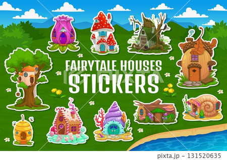 Fairytale houses stickers pack of cartoon homes and dwellings, vector set. Dwarfs or magic fairy houses stickers of hut in tree or mushroom, oak acorn and cookie house or underwater shell and flower 131520635