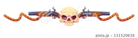 Marine and nautical dividers, pirate and corsair border frame, piracy decoration with a skull flanked by two crossed flintlock pistols with twisted rope ends. Adventure or treasure hunting emblem 131520638