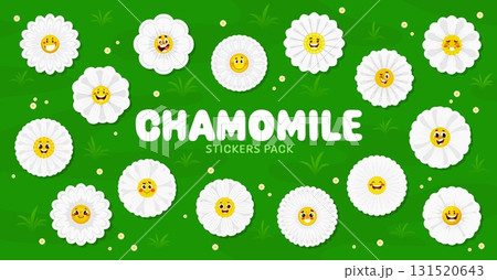 Cartoon chamomile stickers with daisy flower faces. Camomile bloom characters with funny emotions. Vector set of patches with cute summer blossoms smile, laugh, crazy or wink and surprised emojis 131520643