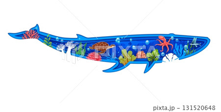 Paper cut whale silhouette with underwater sealife landscape and animals in the sea. 3d vector papercut frame in shape of blower animal captures the serene beauty of ocean depths and marine life 131520648